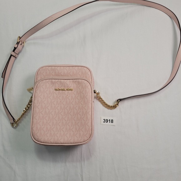 Michael Kors Handbags - Michael Kors Pink Signature Logo Jet Set Camera Crossbody Bag Gold Chain Strap